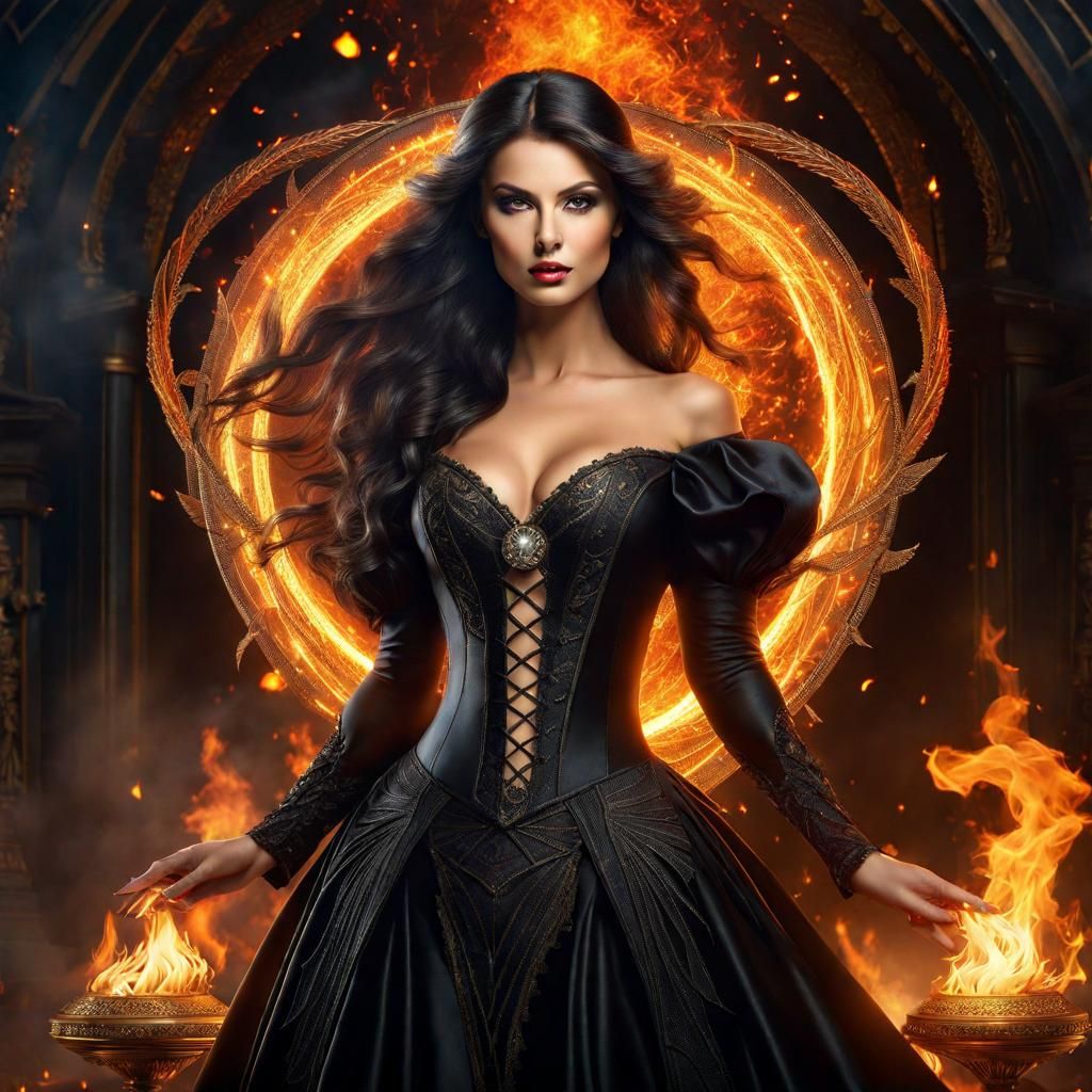 Beautiful Witch with Fire and Embers in HDR