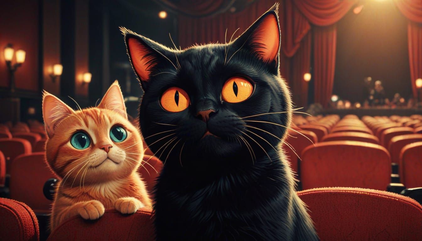 Cats Watching a Movie in Classic Cartoon Style
