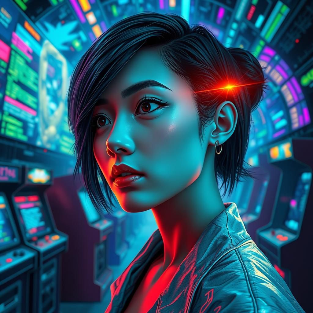 Futuristic Woman Probes Simulation in Vibrant Digital Art