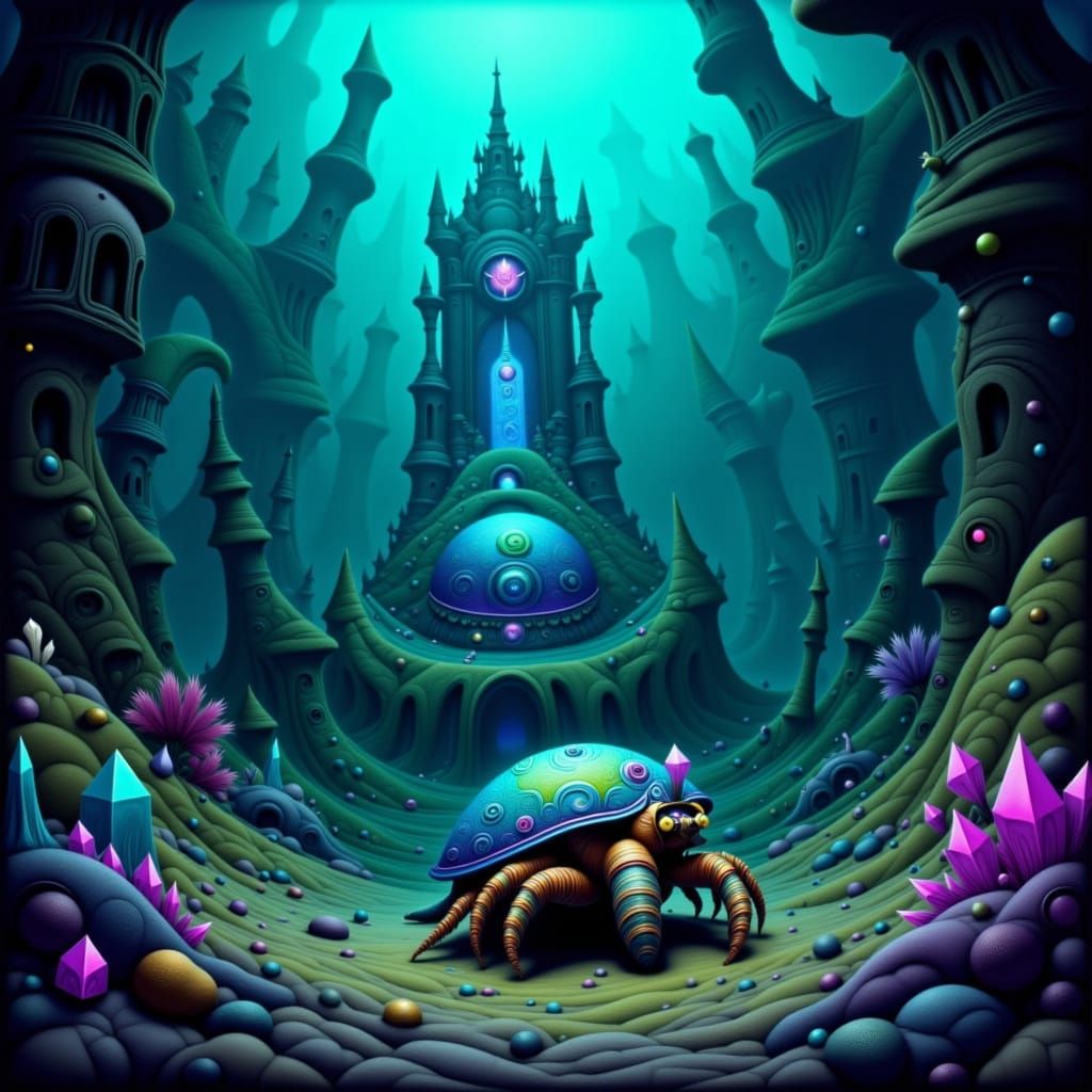 Bioluminescent Hermit Crab Exploring Sunken City