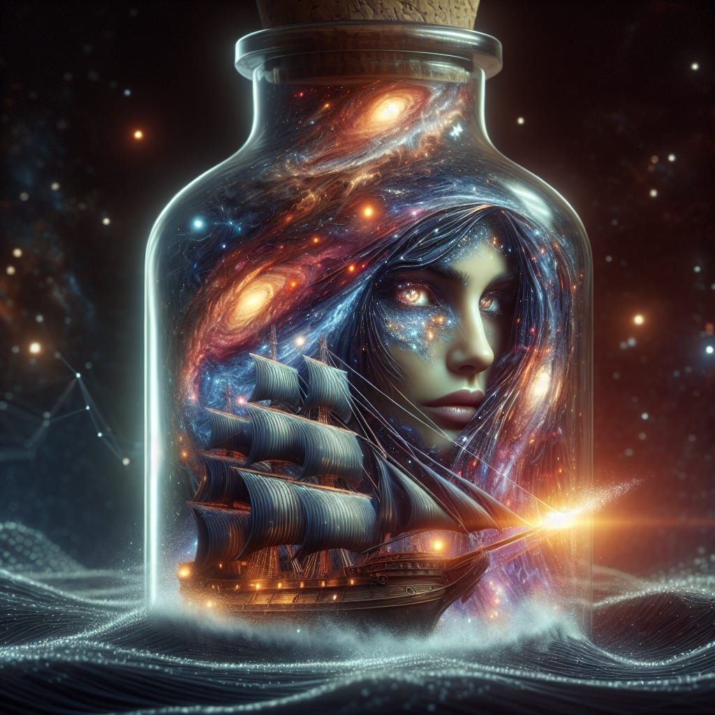Celestial Woman in Ship Bottle: CGI Artwork