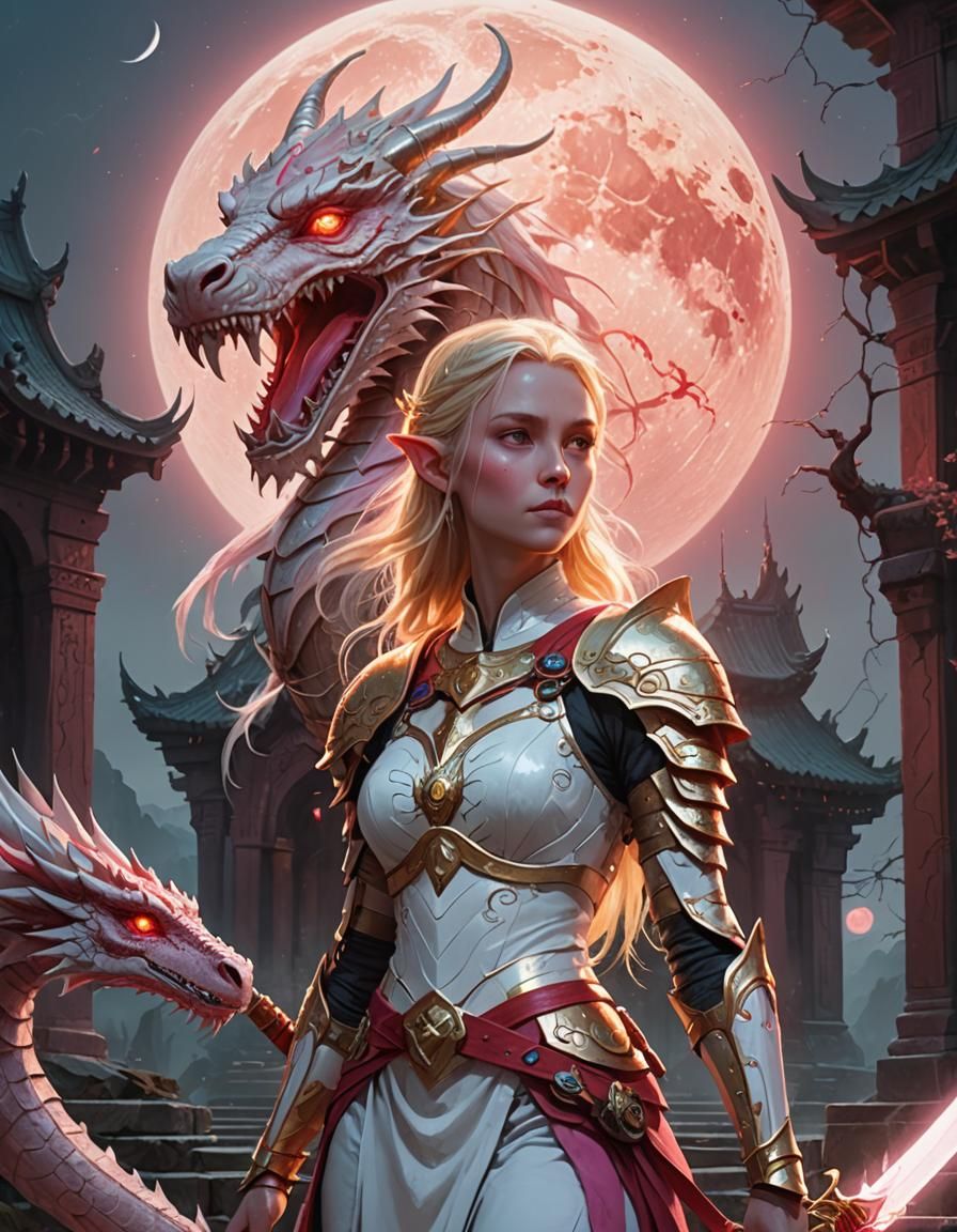 Elven Goddess with Dragon in Mystical Temple