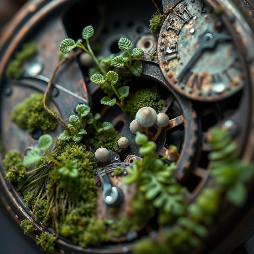 Moss and Ferns Sprouting From an Old Pocket Watch