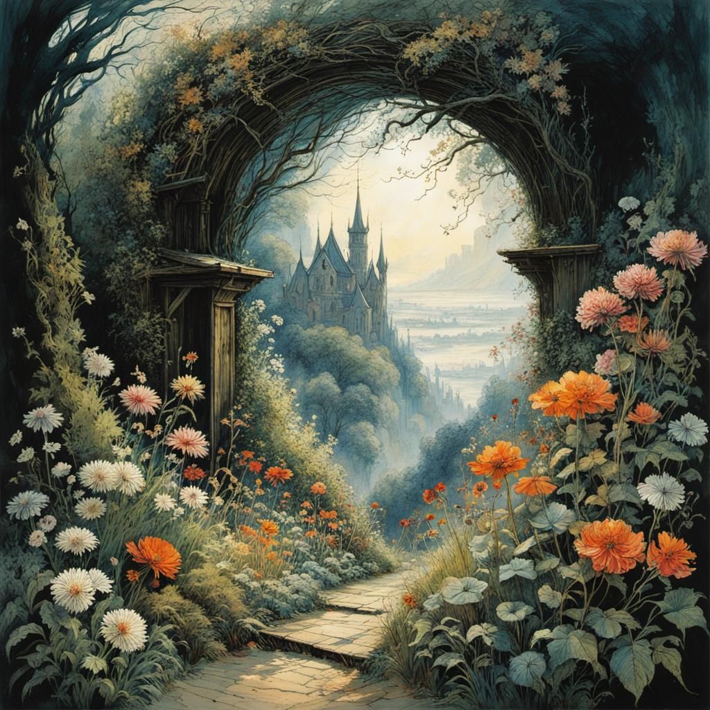 Blooming Garden Through Wall Hole: Detailed Art