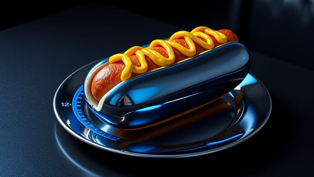 Metallic Hot Dog with Mustard in Futuristic Style