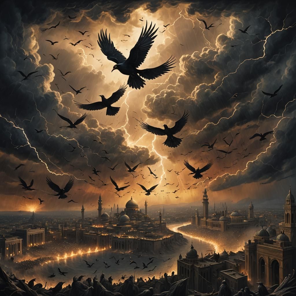 Ababil Birds Defending Mecca in Dark Surrealist Landscape