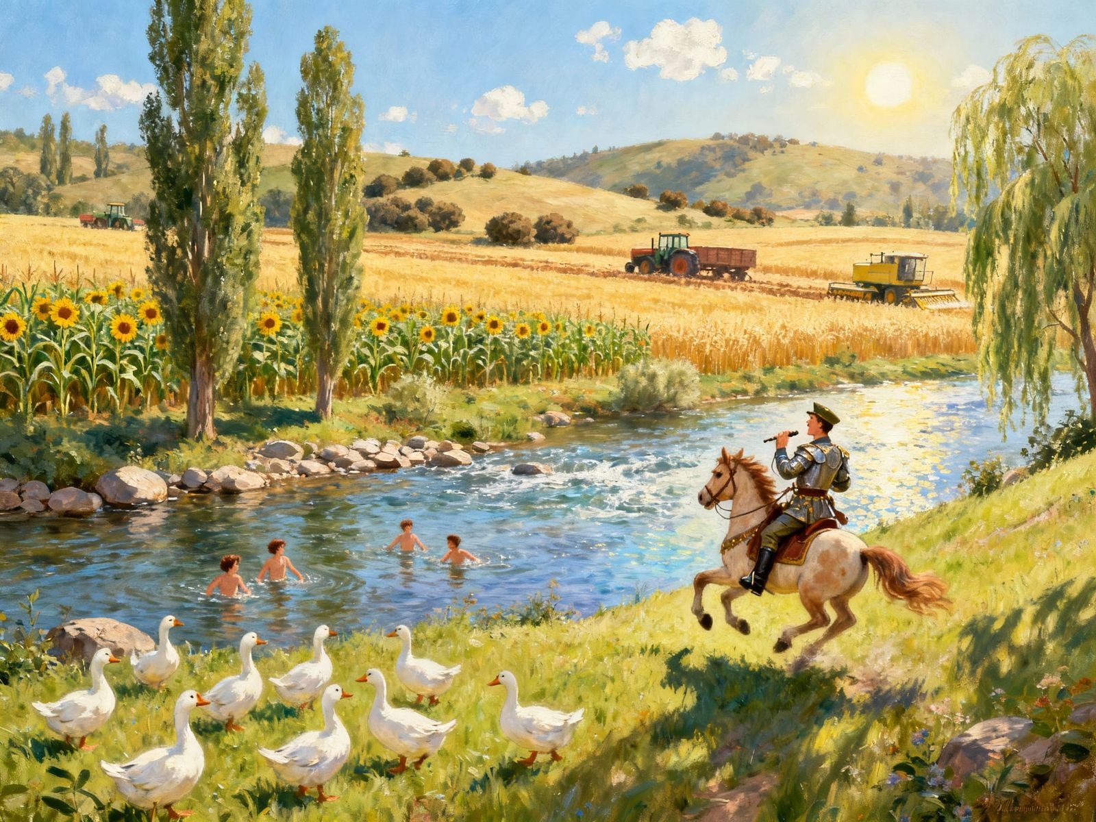 Idyllic Village Scene with Geese and Soldier Painting