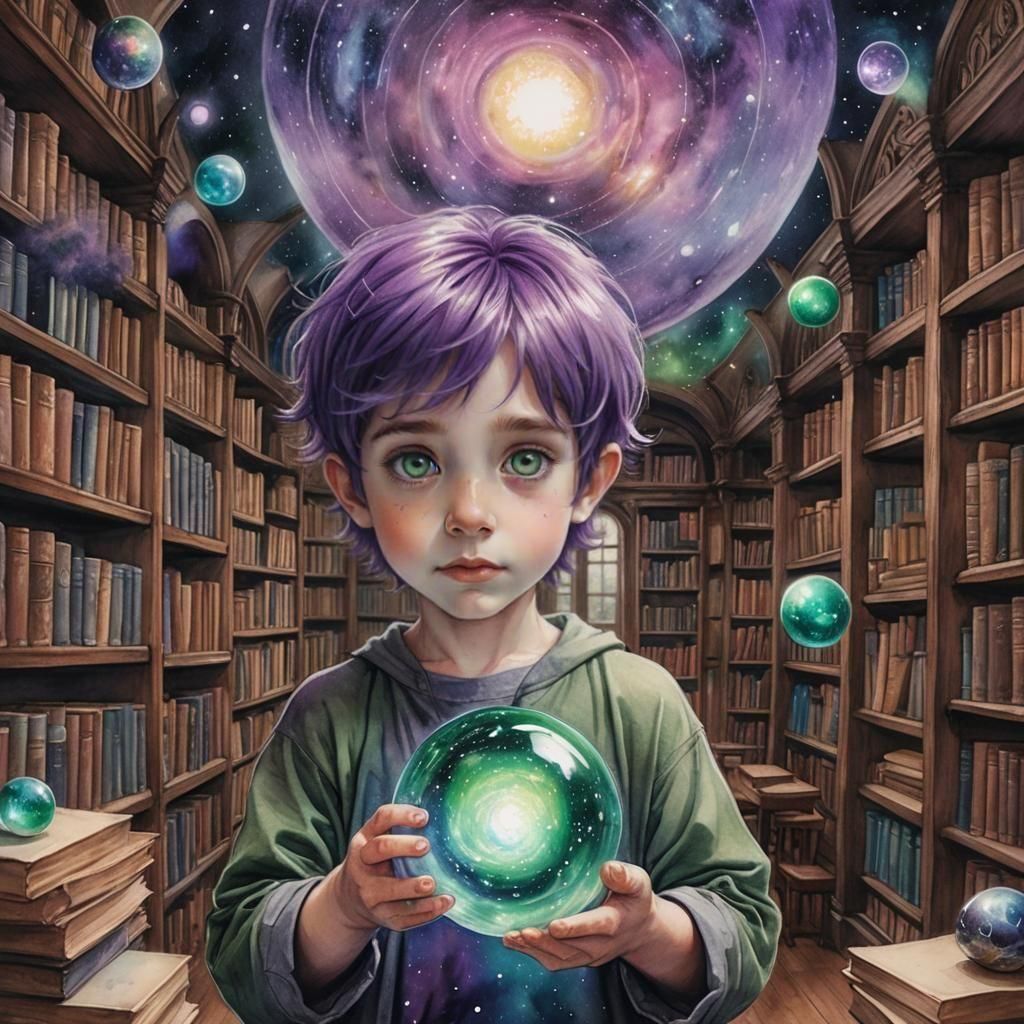 Boy with Galaxy Orb in Enchanted Library