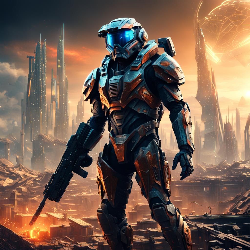 Sci-Fi Time-Stalker in War-Torn Cityscape