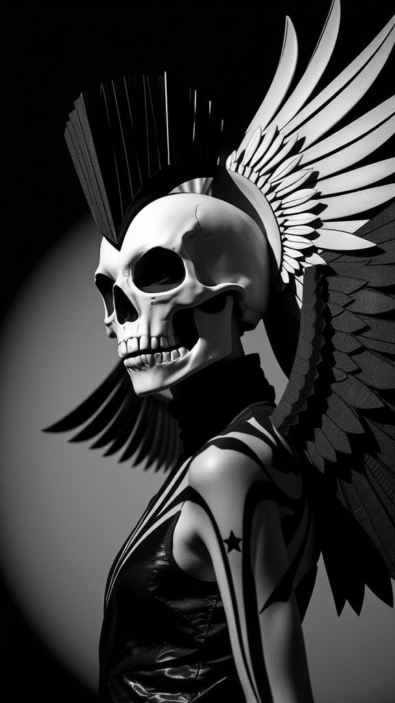 Geometric Winged Skull Model in Dadaist Style