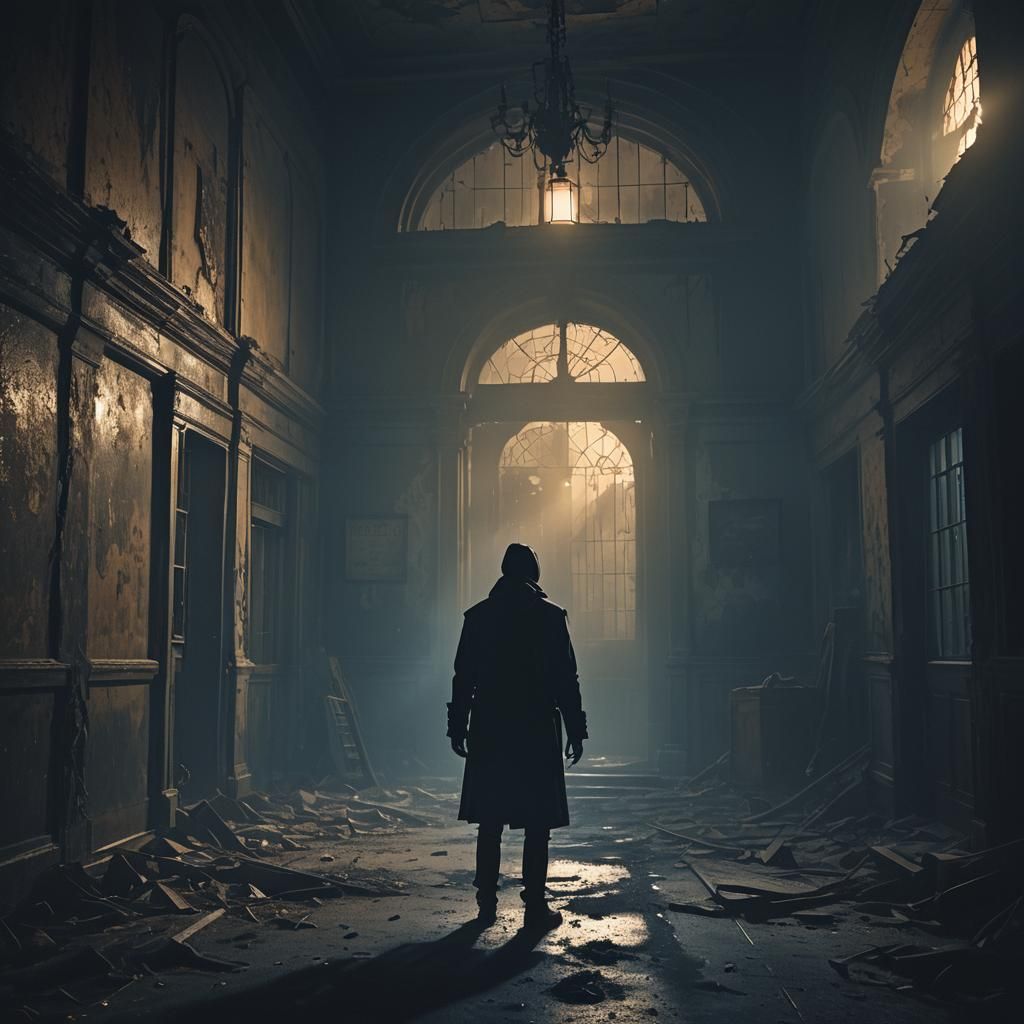 Creepy Figure in Abandoned Building, Dark Academia Painting