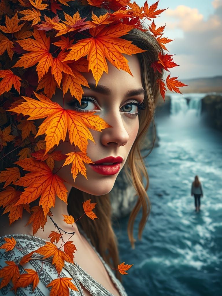 Maple Leaf Woman Portrait in Autumn Landscape