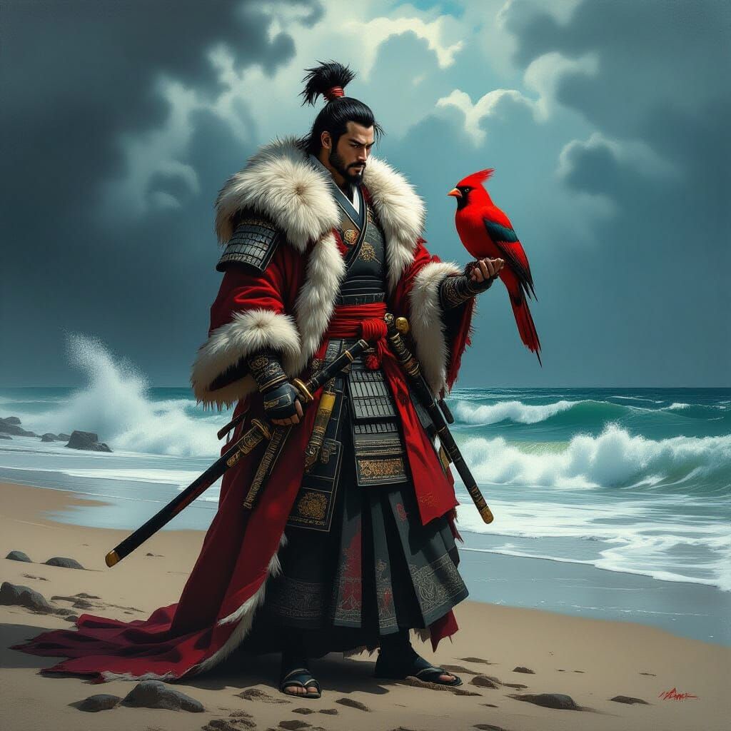 Samurai with Cardinal on Beach in Chiaroscuro Style