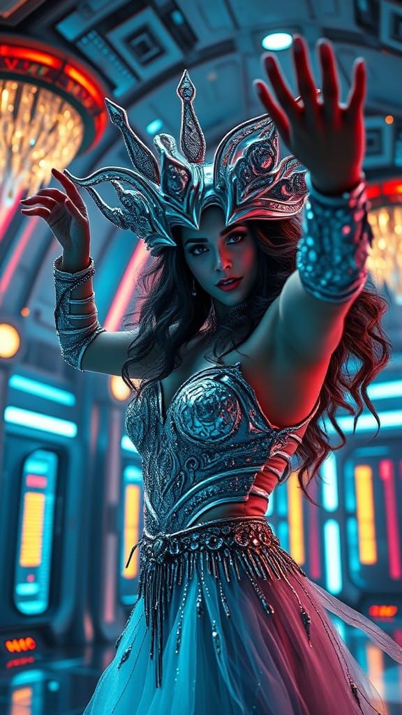 Futuristic Sorceress Showgirl in Space Station Showroom