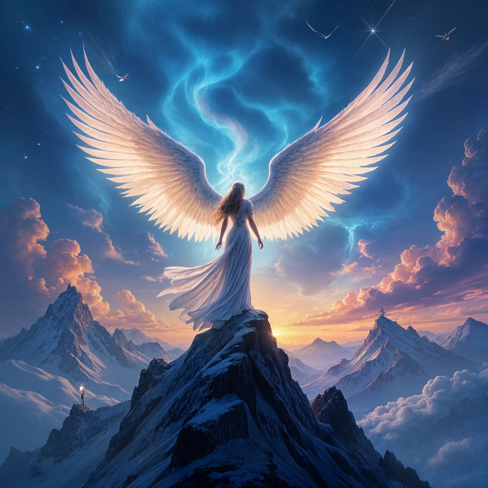 Epic Angel With Glowing Wings On Mountain Peak