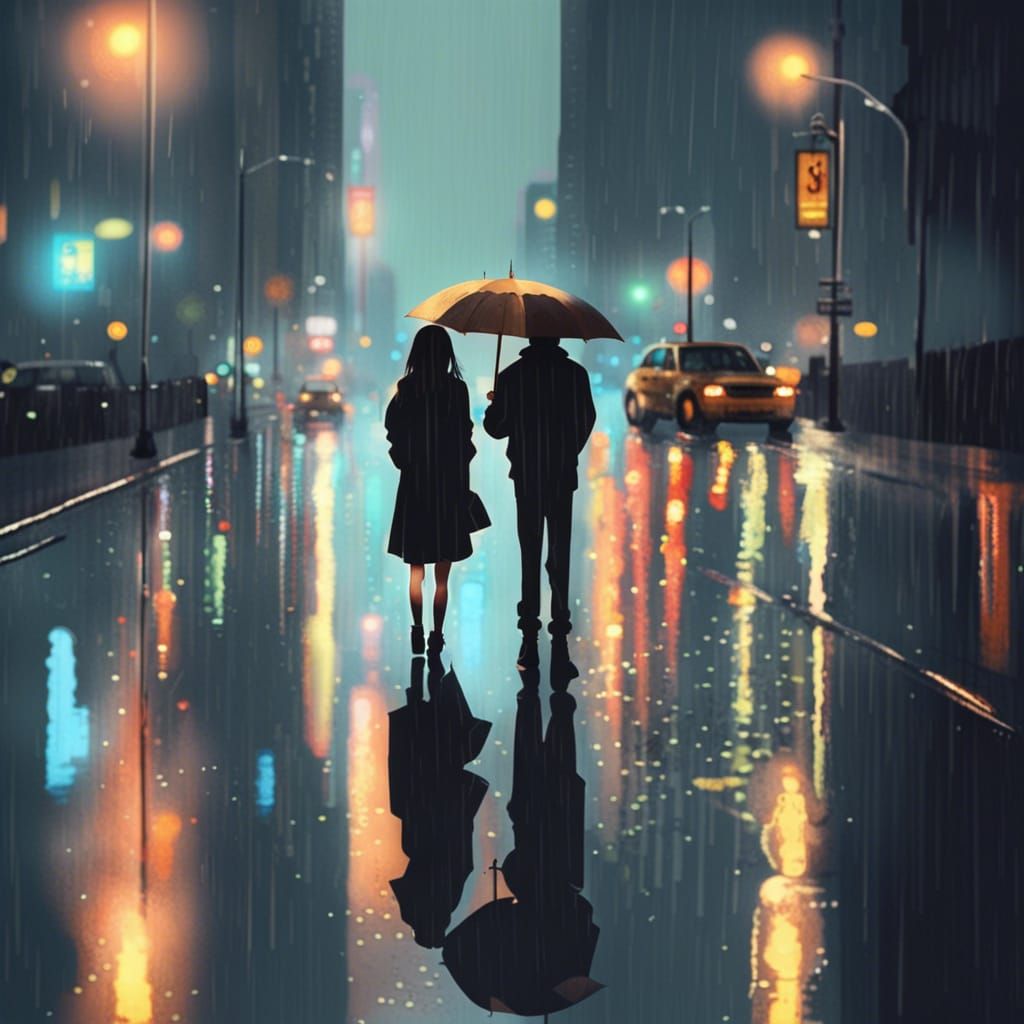 Romantic Couple in Rainy New York, Ghibli Anime