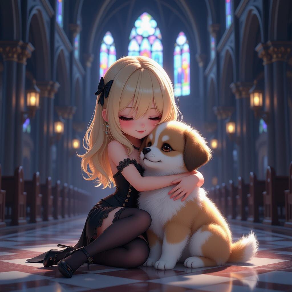Chibi Girl Hugs Puppy in Gothic Cathedral