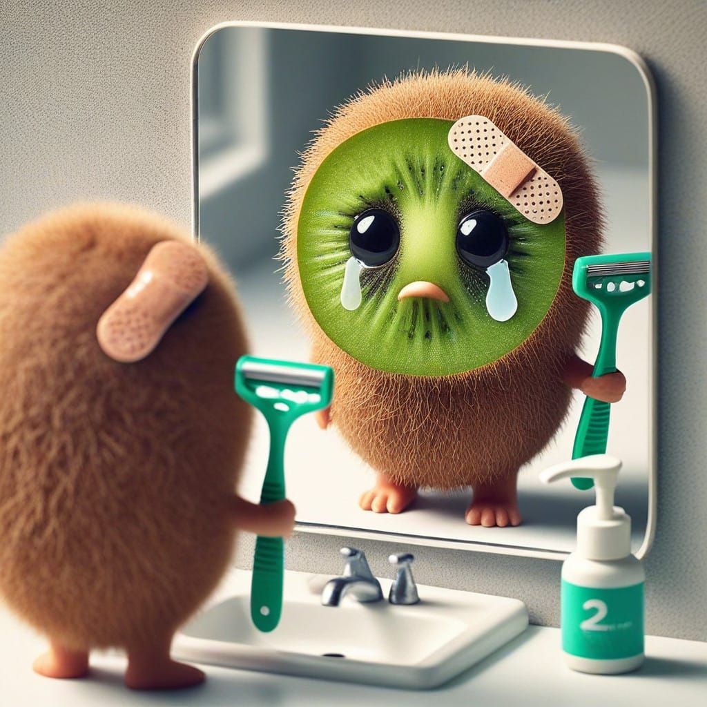 Sad CGI Kiwi with Shaved Face and Scars in Miniature Bathroo...