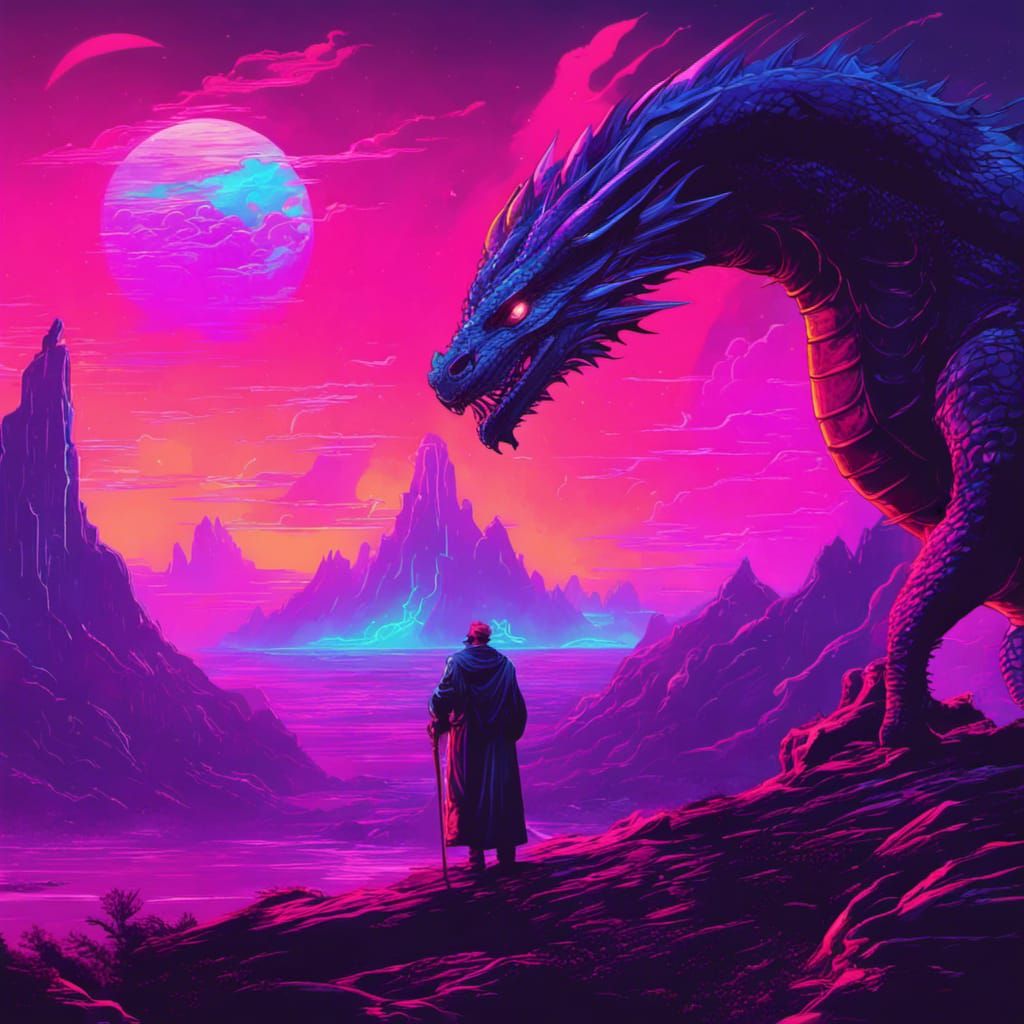 Synthwave Dragons and Wizards in Fantasy Realm