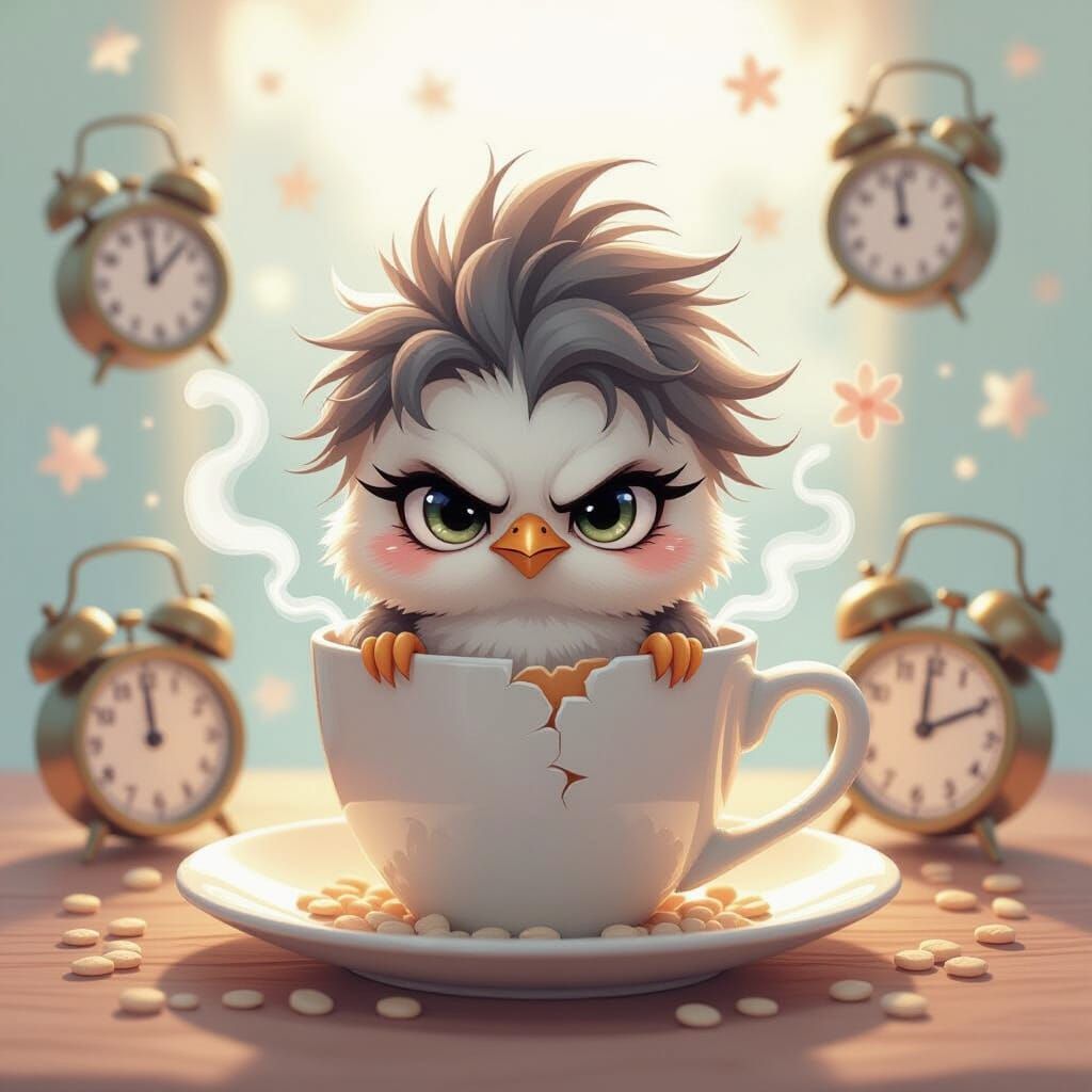 Sleepy Chick in Eggshell Cup, Watercolor Fantasy