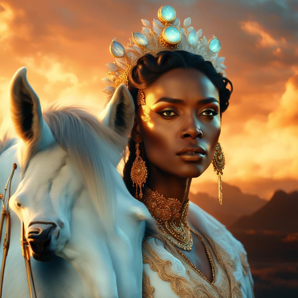 Black Woman on White Horse at Sunrise