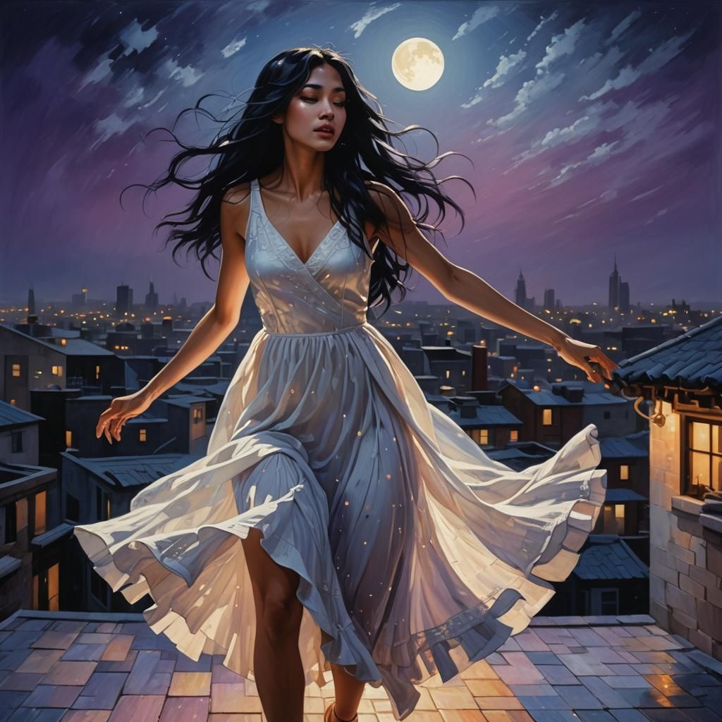 Girl Dancing on Rooftop in Moonlight: Oil Painting