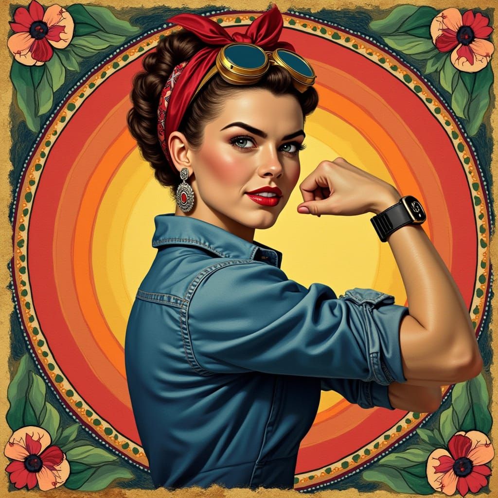 Confident Female Icon in Vibrant Denim and Red