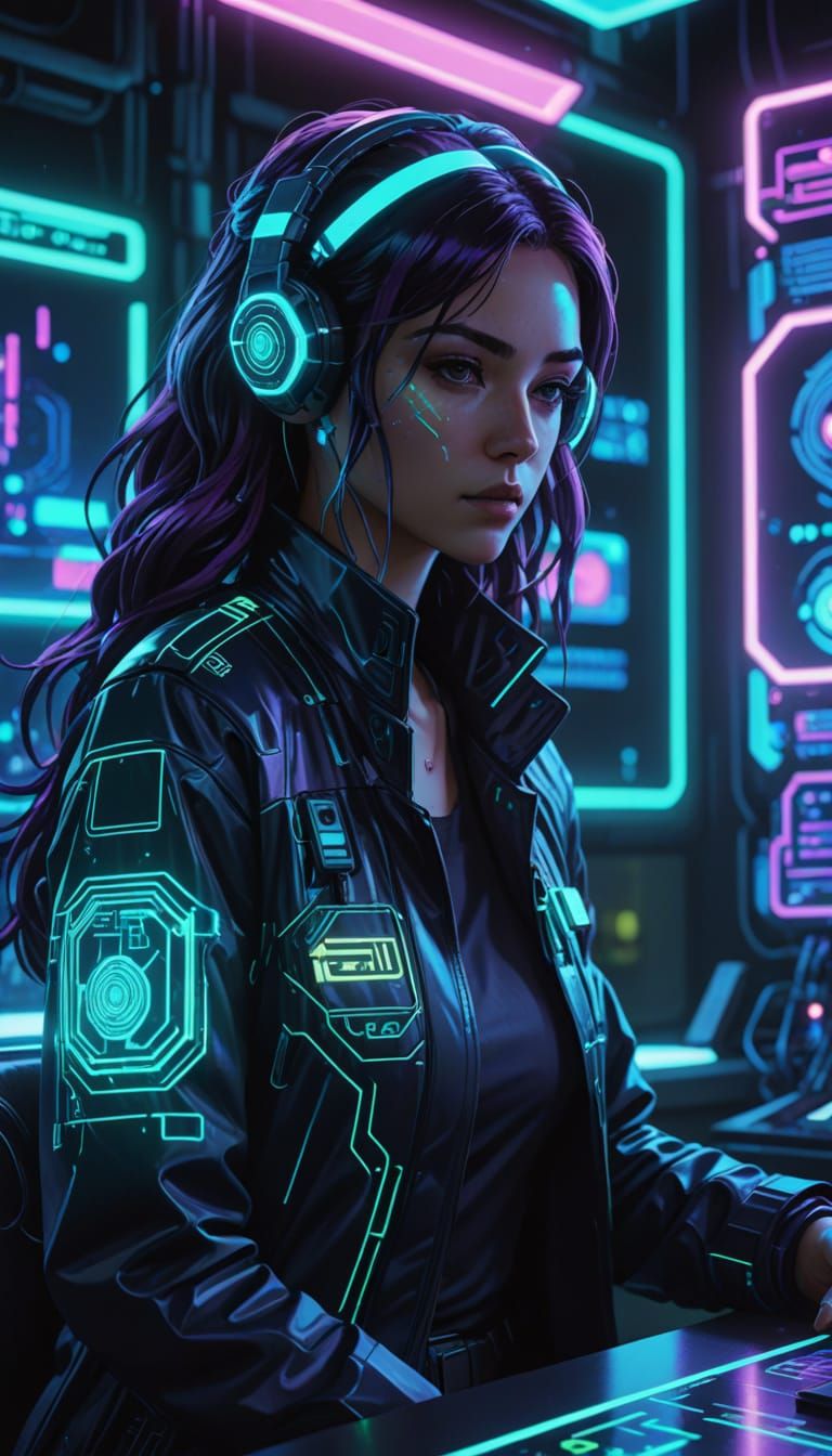 Cyberpunk Anime Scientist in Neon-Lit Tech Lab