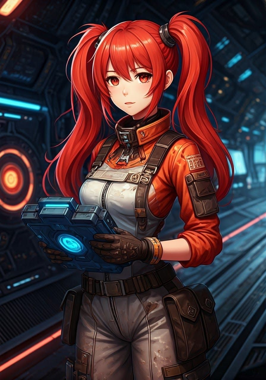 Gritty Mechanic in Futuristic Spacecraft Engine Room