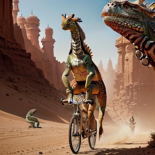 Iguana Rides Giraffe Bicycle Through Sahara: Masterpiece