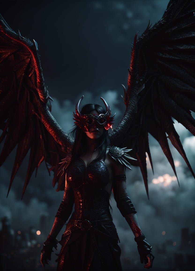 Dark Evil Angel with Dragon, 3D Cinematic Render