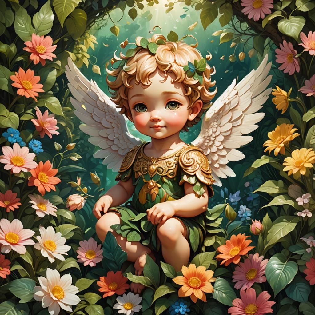 Whimsical Chibi Cherub in Lush Fantasy Art