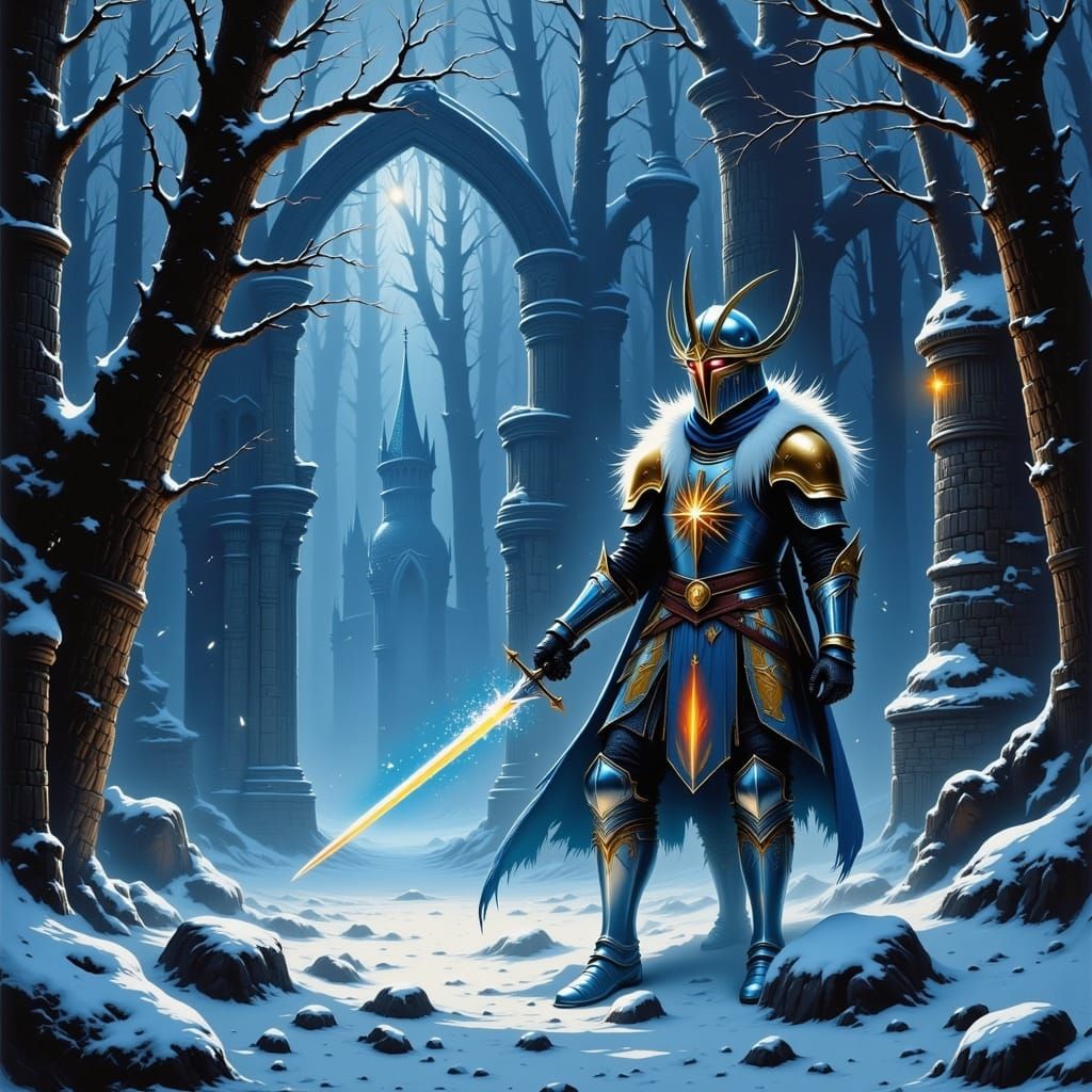 Spectral Knight Guards Frozen Tomb in Oil Painting Style