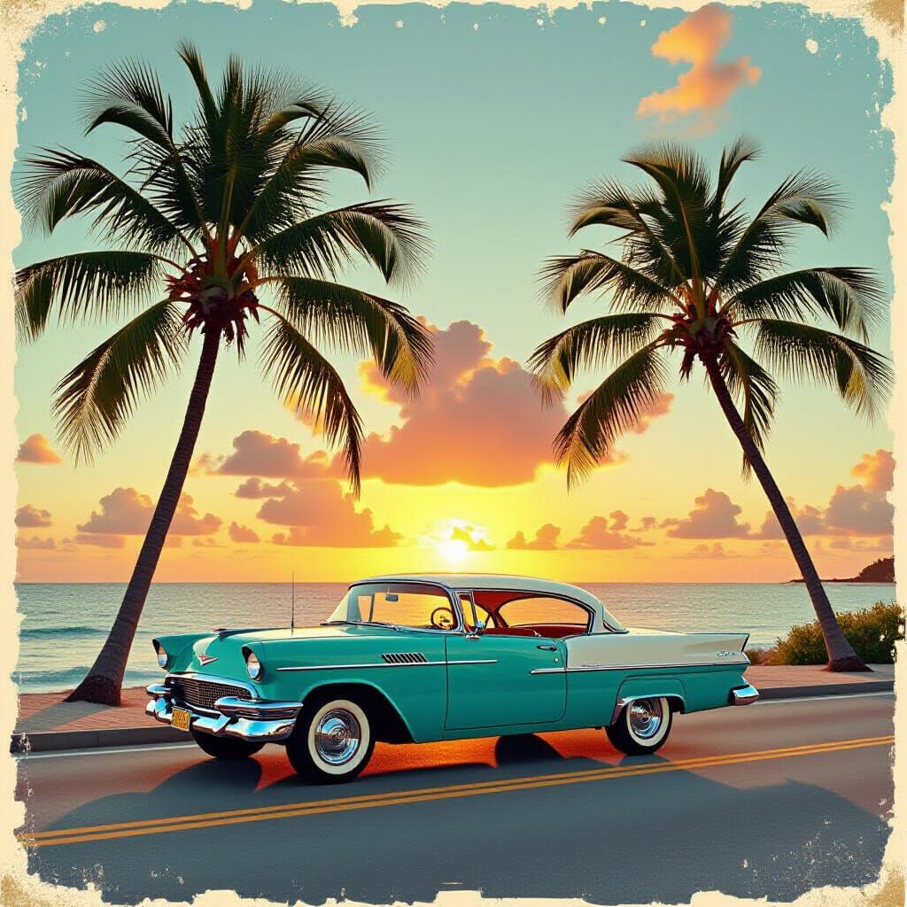 Vintage Surf Car on Tropical Road at Sunset
