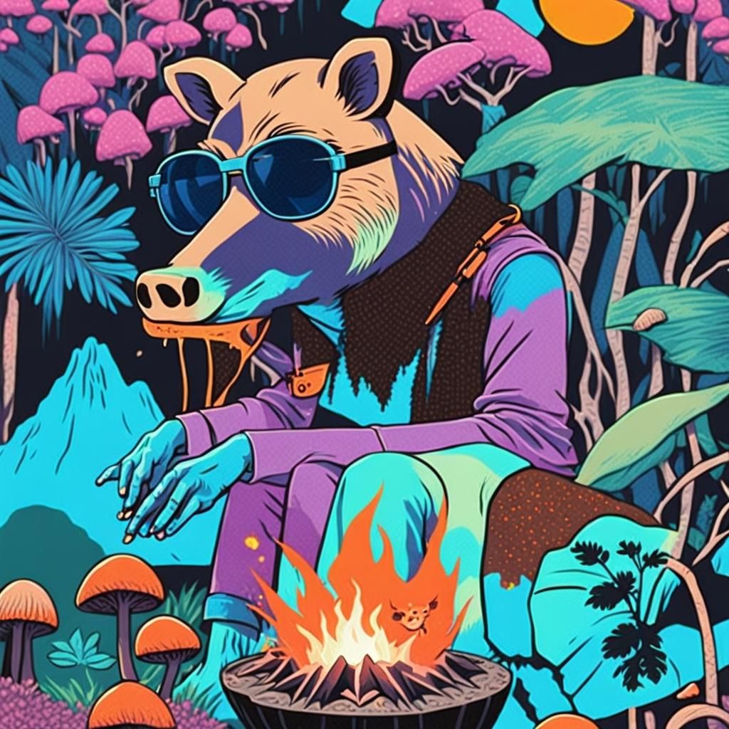 Boar and Lion Enjoying Tropical Drinks in Anime Style