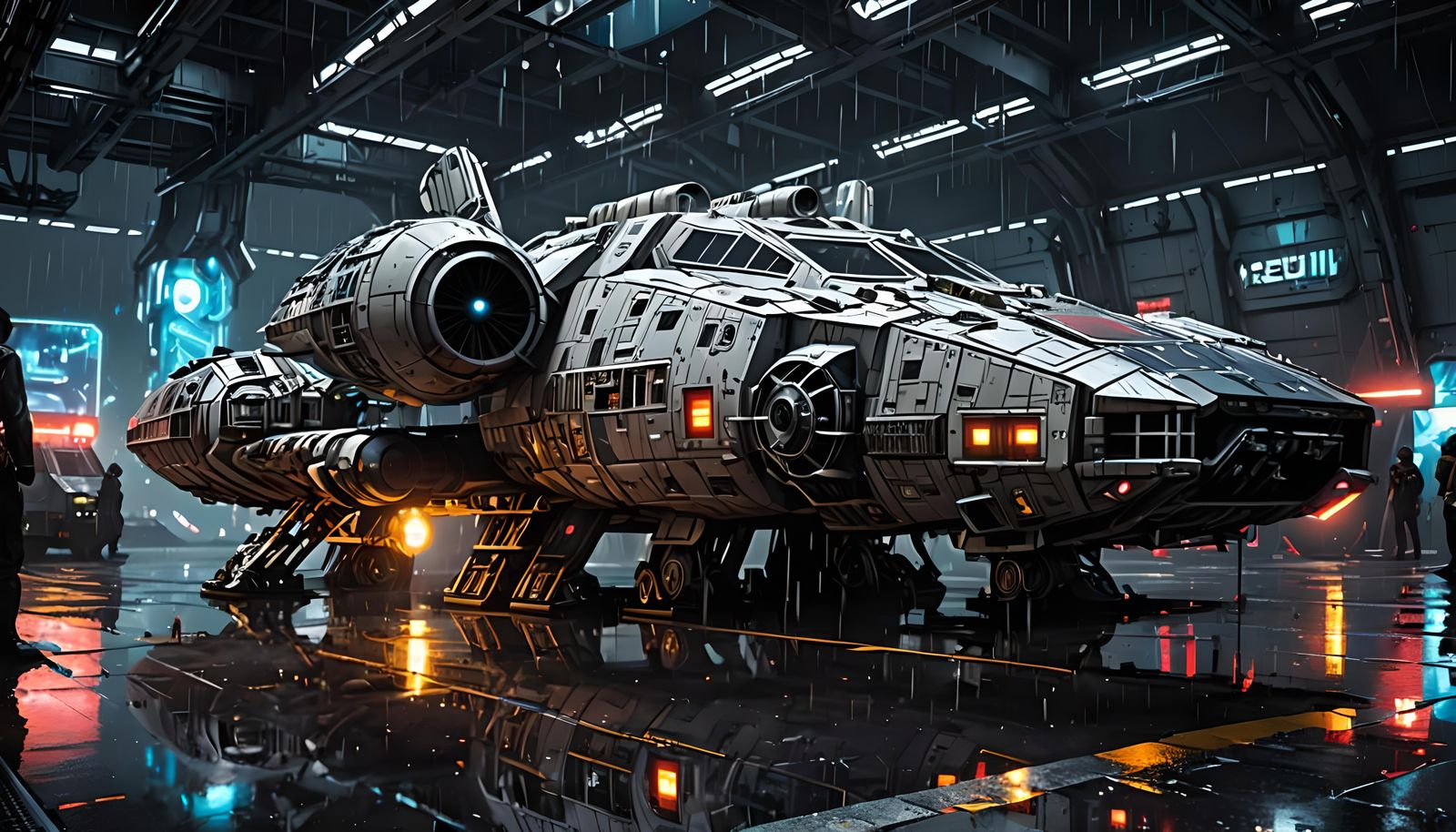 Cyberpunk Millennium Falcon on Rainy Runway