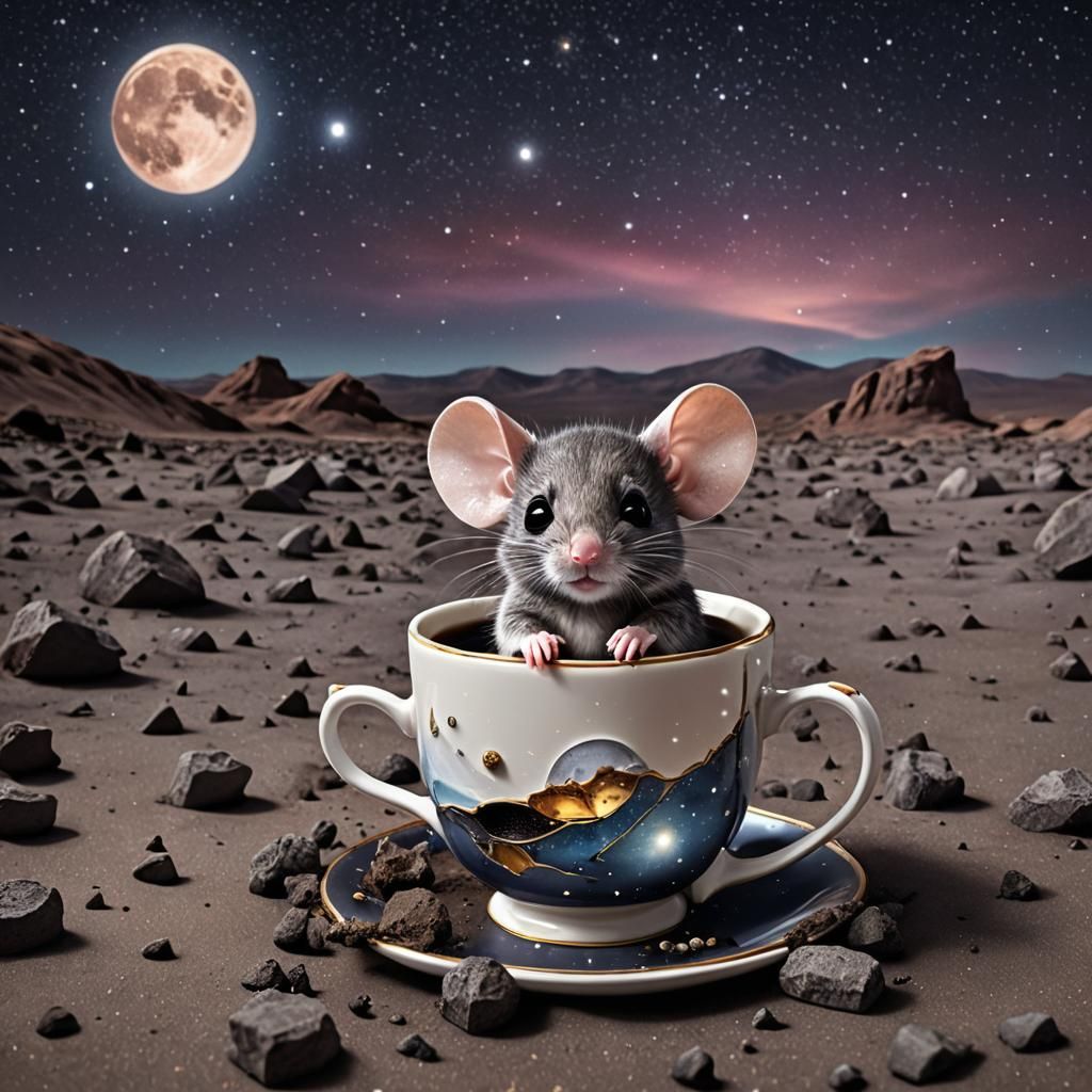 Hyperrealistic Chibi Mouse in Teacup on Moon