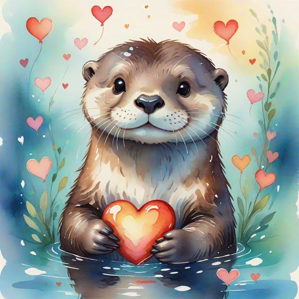 Whimsical Otter with Heart in Watercolor Style