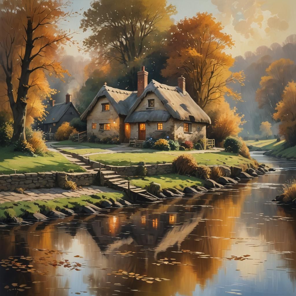 Idyllic Autumn Cottage Landscape as Oil Painting