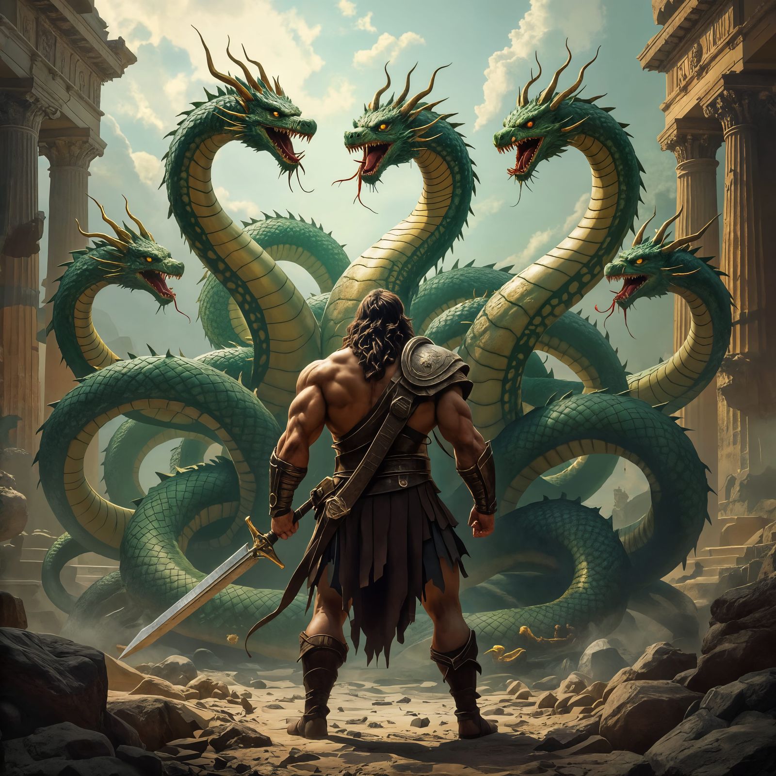 Hercules Confronts the Hydra in an Epic Battle