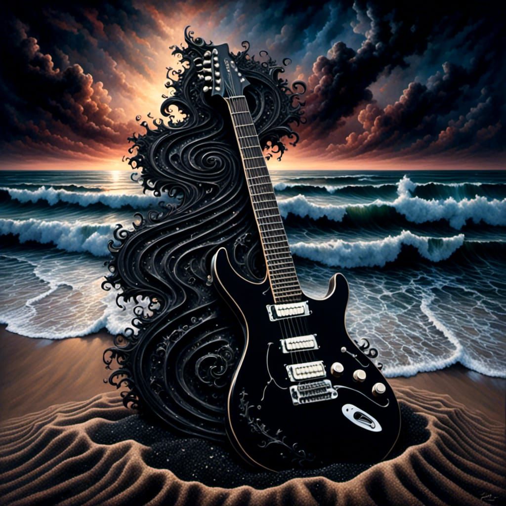 Surreal Black Electric Guitar on Gothic Beach