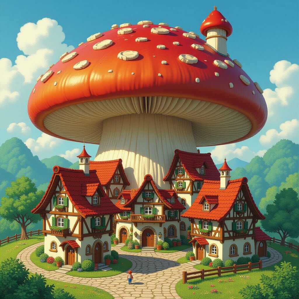 Miniature Village Inside Mushroom, Whimsical Art