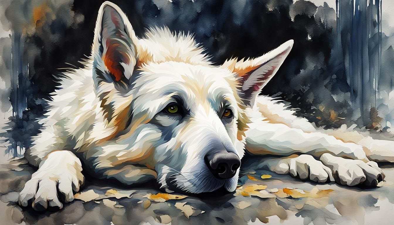 Hyperrealistic White German Shepherd in Gouache Style