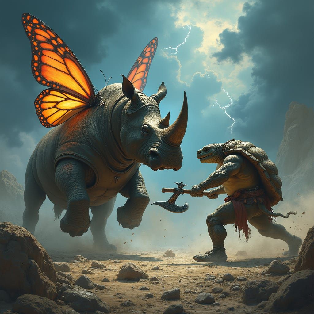 Muscled Rhinoceros with Butterfly Wings Battles a Warrior Tu...