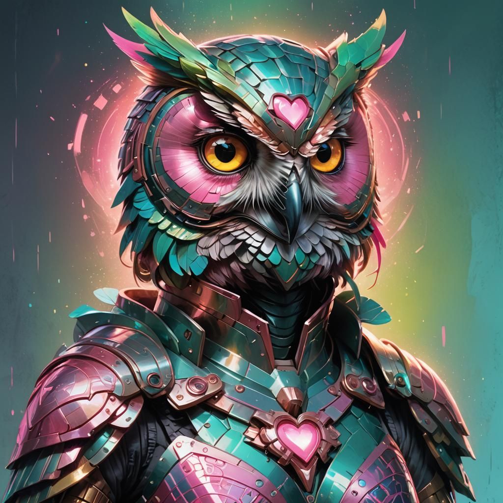 Armored Owl Portrait with Pink Heart, Digital Art