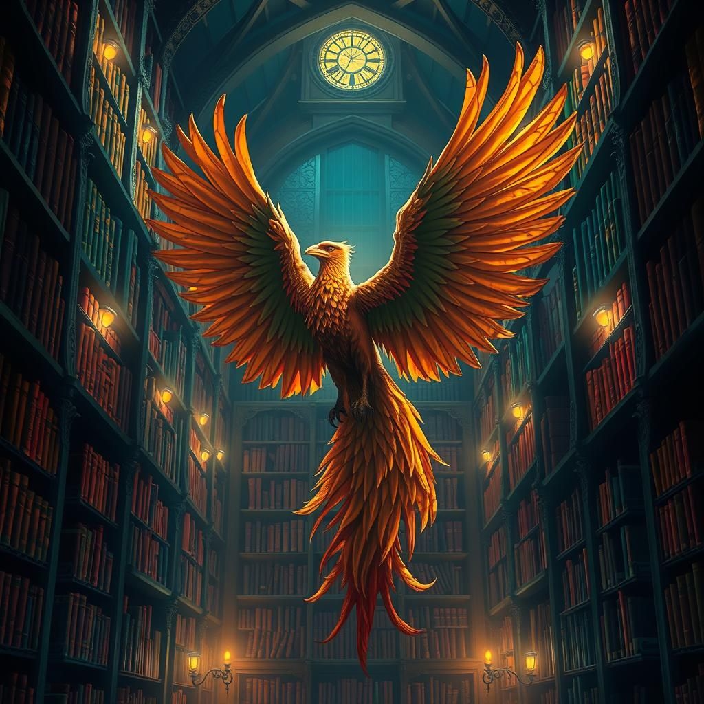 Majestic Phoenix in Mystical Library: Fantasy Concept Art