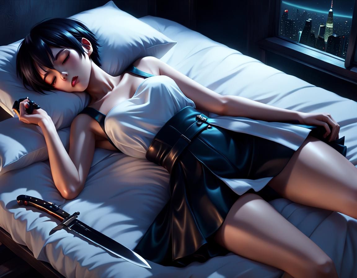 Anime Style: Girl Sleeping with Knife in Surreal Landscape