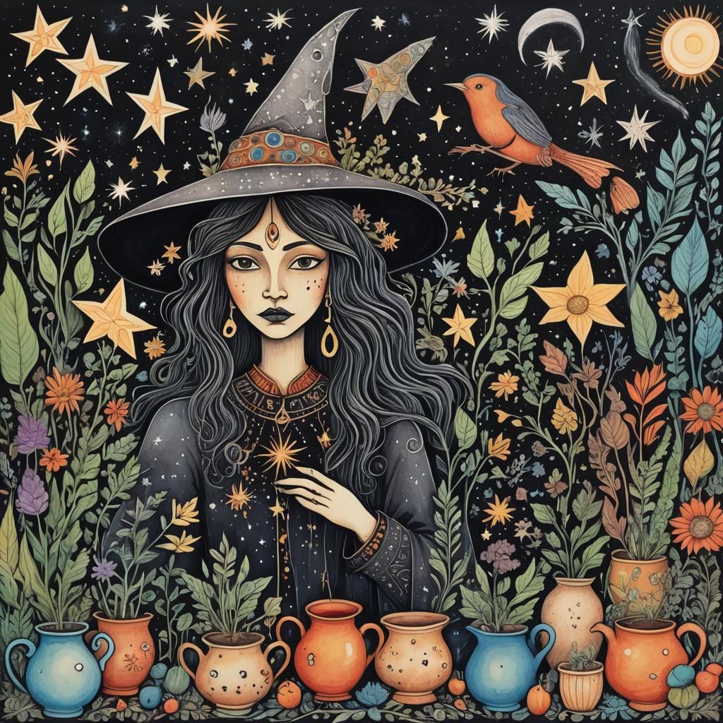 Cottage Witch with Herbs and Cosmic Cups