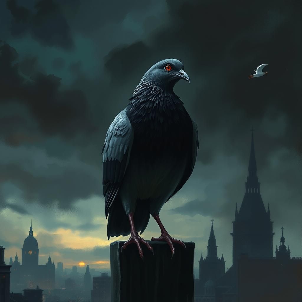 Ominous Pigeon Villain in Gothic Cityscape