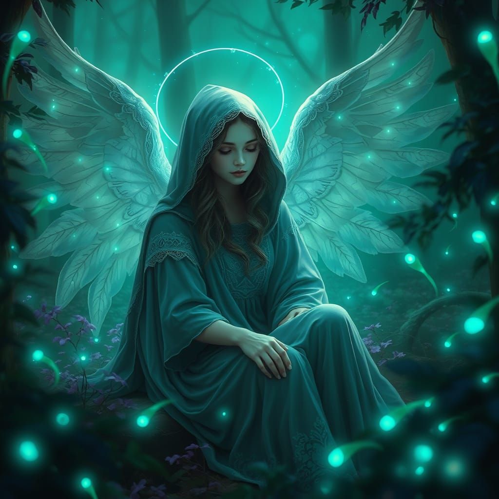 Angel in Emerald Forest with Fireflies